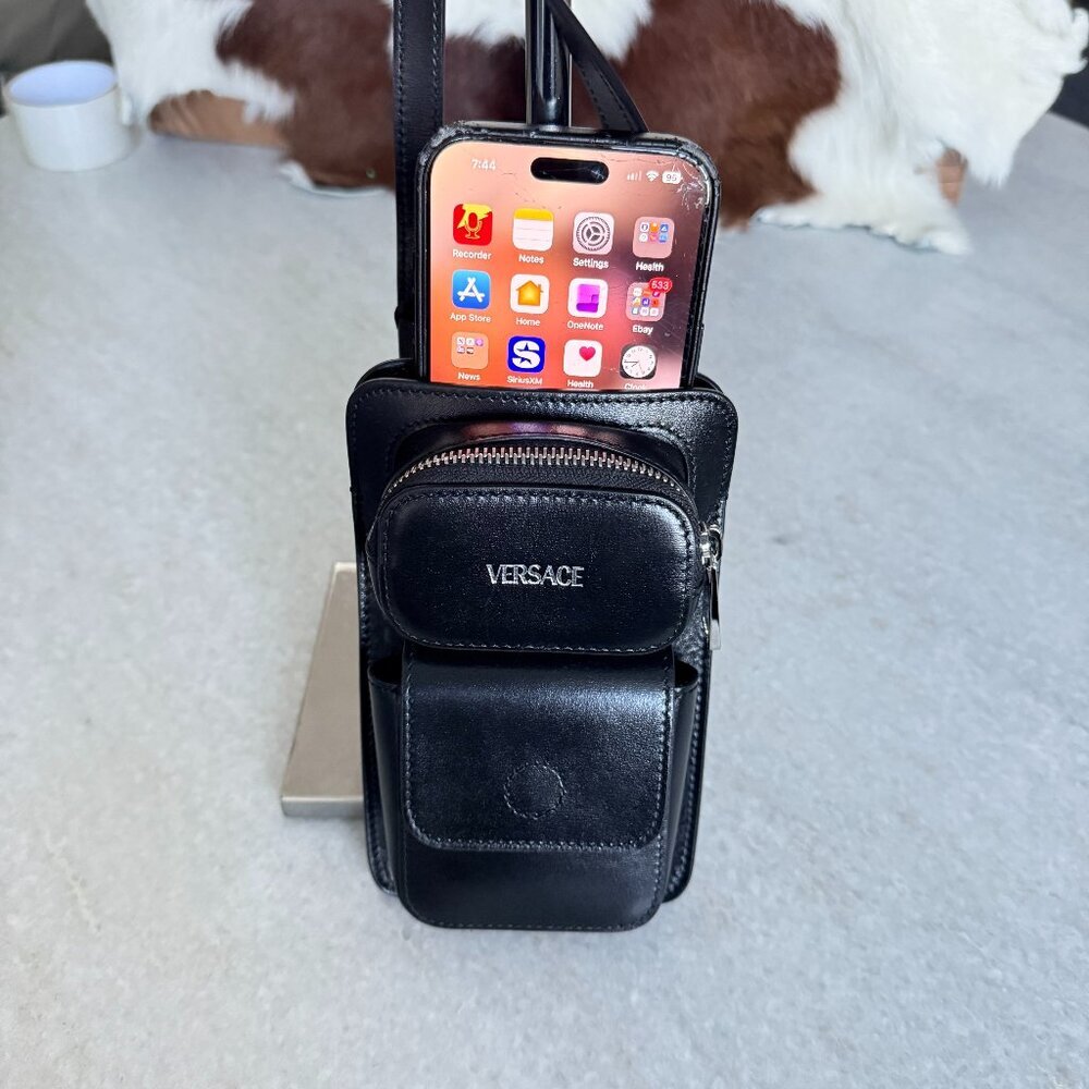 VERSACE 1013558 Black Calf Leather Phone Pouch Bag with lanyard ($1150 retail)‎